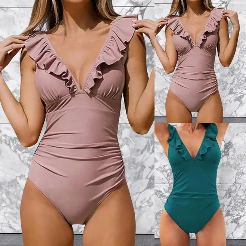 Ruffled V-Neck Lace-Up Monokini – Stylish Cotton One-Piece Swimsuit