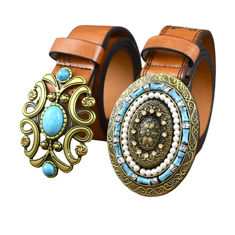 Women's Vintage Belt with Stone Buckles