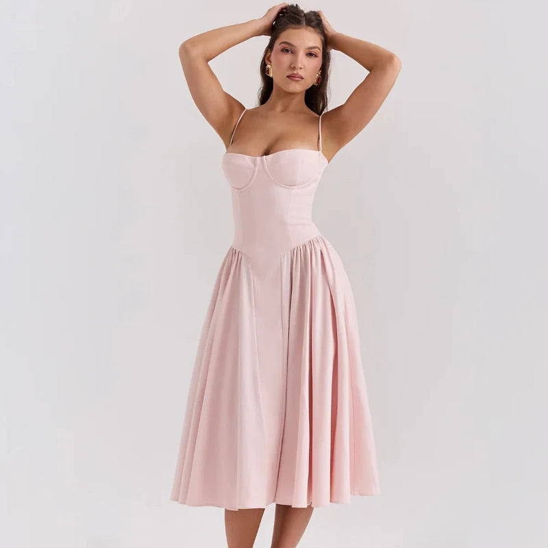 Spaghetti Strap Pleated Corset Midi Dress with Pockets
