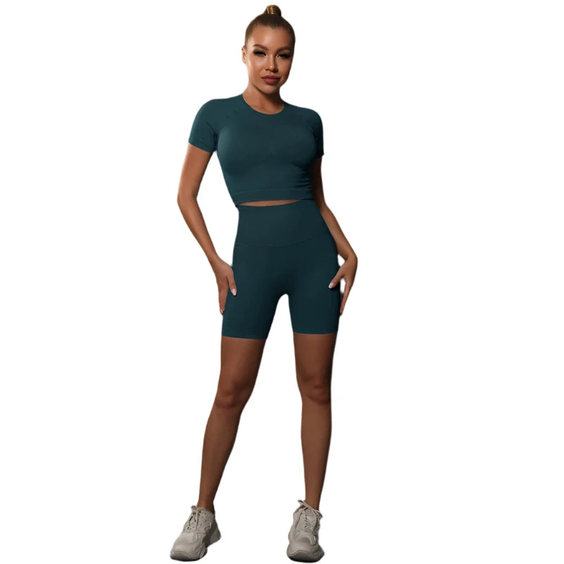 Sporty Two-Piece Set for Women – Slim Fit Short Sleeve Top & Elastic Waist Shorts