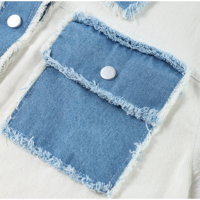 Denim Patchwork Jacket - Lightweight Single-Breasted Solid Colour