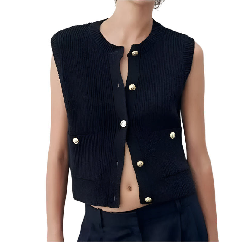 Women's Knitted Vest – Solid Colour Button-Front Sleeveless Outerwear