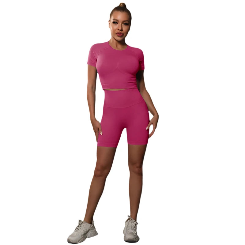 Sporty Two-Piece Set for Women – Slim Fit Short Sleeve Top & Elastic Waist Shorts