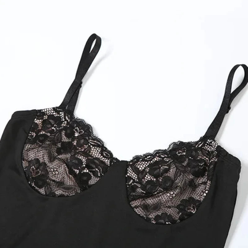 Sleek Spaghetti Strap Lace Dress – Minimalist Elegance with a Sultry Twist
