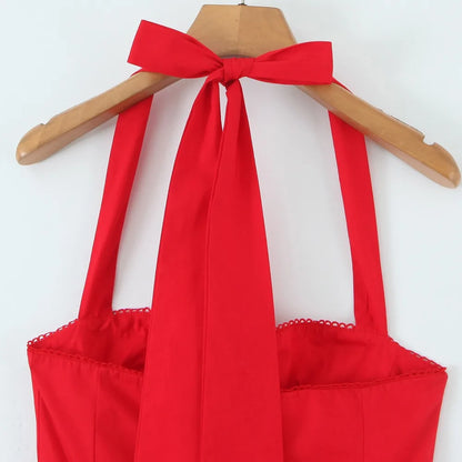 Halter Neck Backless A-Line Mid-Calf Dress