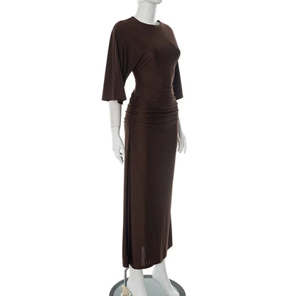 Sleek Round Neck Pleated Split Evening Dress