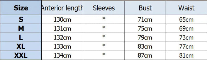 Measurement chart for clothing with size labels and dimensions