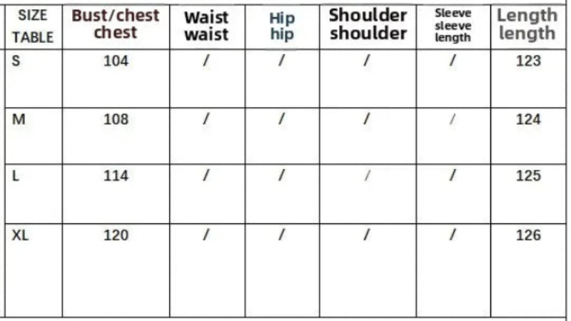 Size chart for clothing with measurements in centimeters