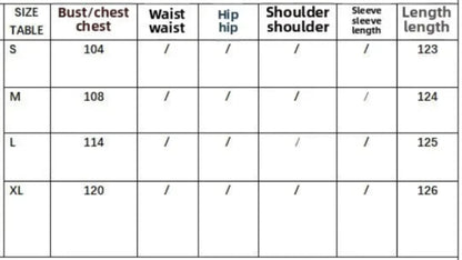 Size chart for clothing with measurements in centimeters