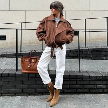 Retro Belted Short Suede Style Jacket