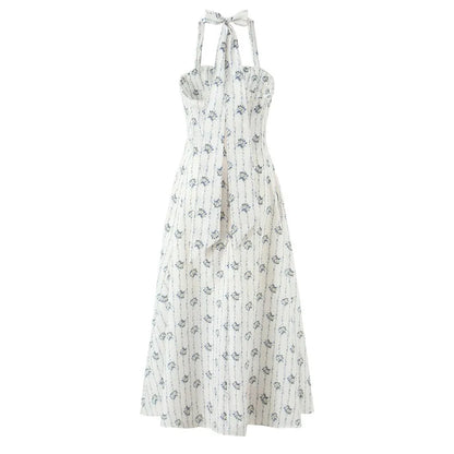 Halter Neck Backless A-Line Mid-Calf Dress