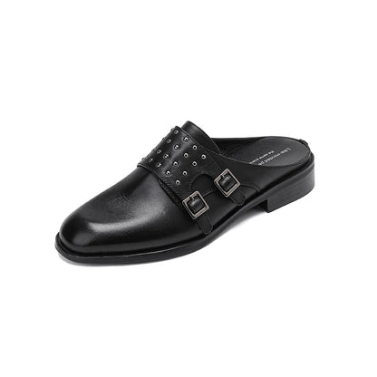 Genuine Leather Buckle Mules with Low Square Heel