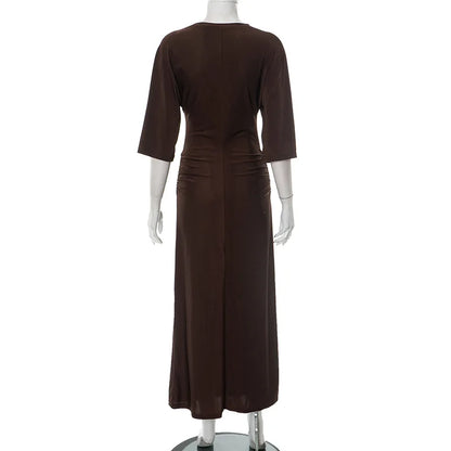 Sleek Round Neck Pleated Split Evening Dress