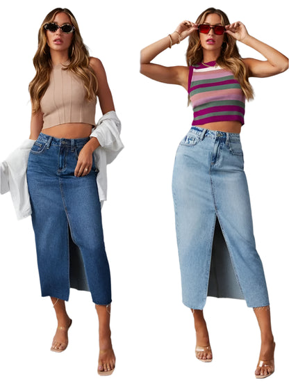 Mid-Calf Denim Skirt – Classic Empire Waist for Timeless Autumn Style