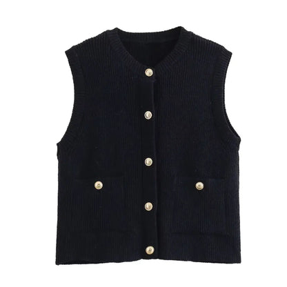 Women's Knitted Vest – Solid Colour Button-Front Sleeveless Outerwear