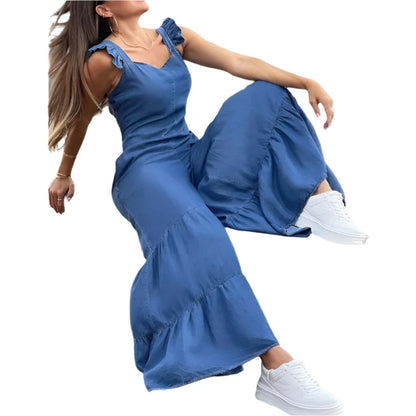 Tat Weave Ruffle Jumpsuit – High-Waist Full-Length One-Piece for All Seasons