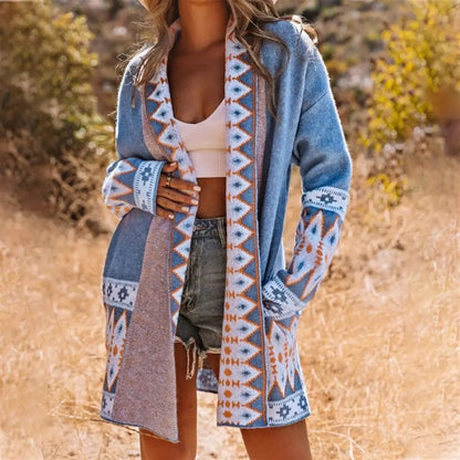 Bohemian Geometric Print Knit Cardigan