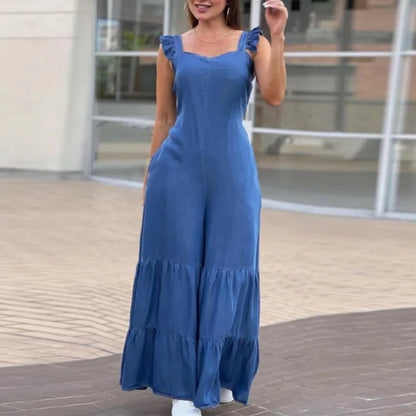 Tat Weave Ruffle Jumpsuit – High-Waist Full-Length One-Piece for All Seasons