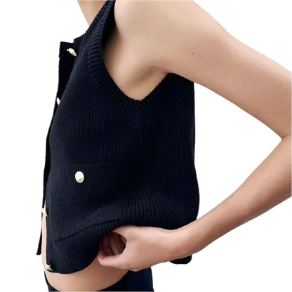 Women's Knitted Vest – Solid Colour Button-Front Sleeveless Outerwear