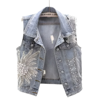Lace Beaded Denim Vest