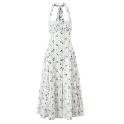 Halter Neck Backless A-Line Mid-Calf Dress