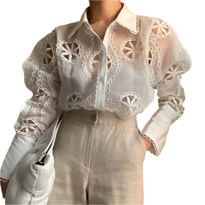 Elegant Lace Blouse – Turn-Down Collar & Full Sleeve Spring Top