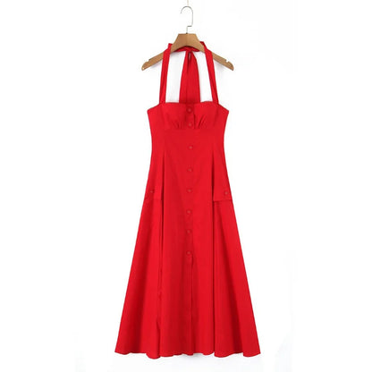 Halter Neck Backless A-Line Mid-Calf Dress
