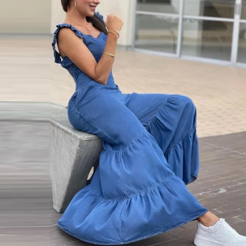 Tat Weave Ruffle Jumpsuit – High-Waist Full-Length One-Piece for All Seasons