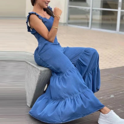 Tat Weave Ruffle Jumpsuit – High-Waist Full-Length One-Piece for All Seasons