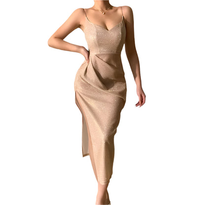 Elegant Knee-Length A-Line Dress with Halter Neckline & Spaghetti Straps – Non-Stretch Polyester