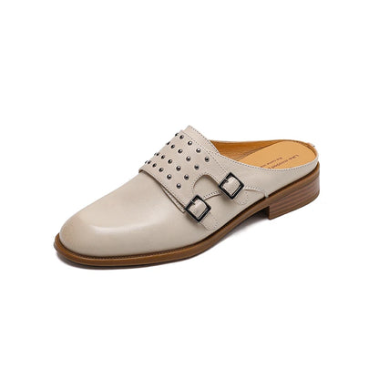 Genuine Leather Buckle Mules with Low Square Heel