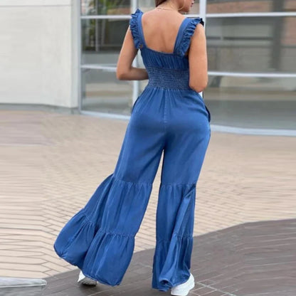 Tat Weave Ruffle Jumpsuit – High-Waist Full-Length One-Piece for All Seasons