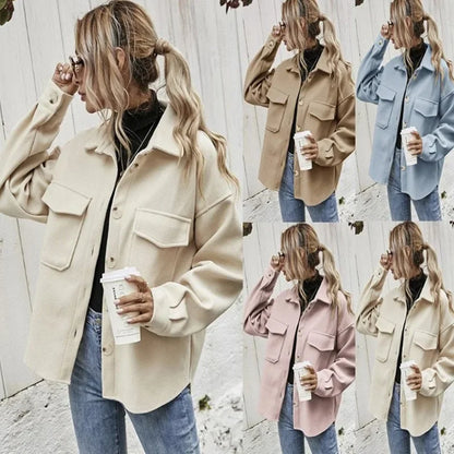 Wool Blend Button-Up Shacket with Turn-Down Collar and Pockets