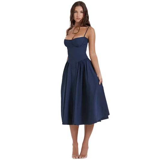 Spaghetti Strap Pleated Corset Midi Dress with Pockets