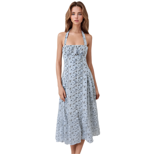 Halter Neck Backless A-Line Mid-Calf Dress