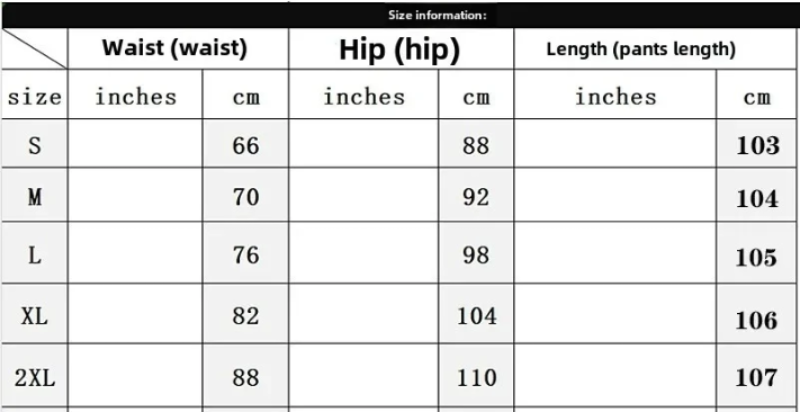 Size chart for pants with measurements in inches and centimeters.