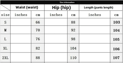 Size chart for pants with measurements in inches and centimeters.