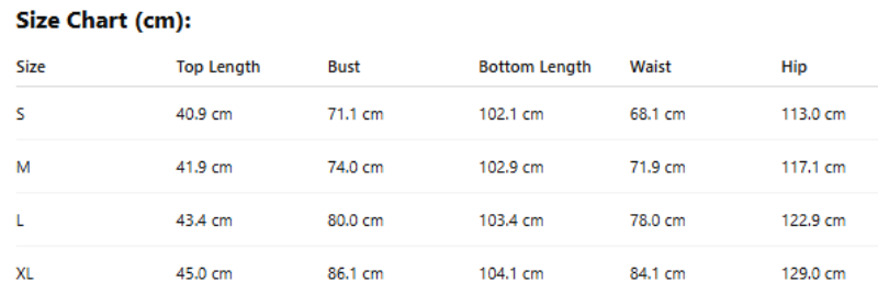 Size chart in centimeters for clothing measurements with top, bust, bottom, waist, and hip dimensions.
