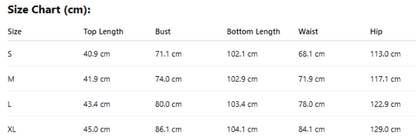 Size chart in centimeters for clothing measurements with top, bust, bottom, waist, and hip dimensions.