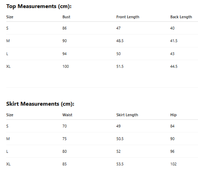 Measurement chart for tops and skirts with size dimensions in centimeters.