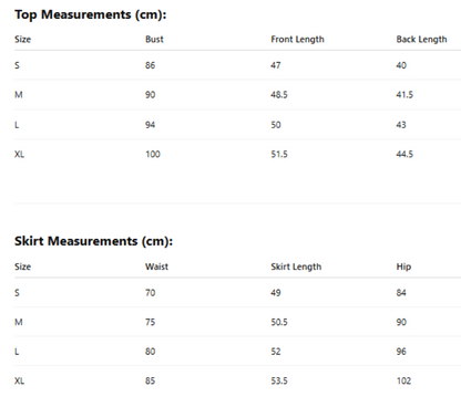Measurement chart for tops and skirts with size dimensions in centimeters.