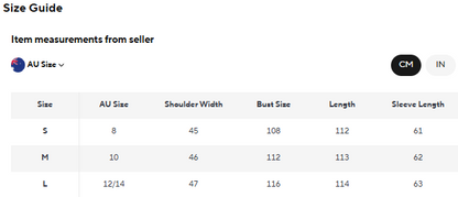Size guide chart for clothing measurements in AU, CM, and IN.