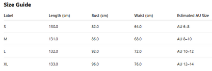 Size guide for a Honey Set garment with measurements in centimeters and estimated AU sizes.