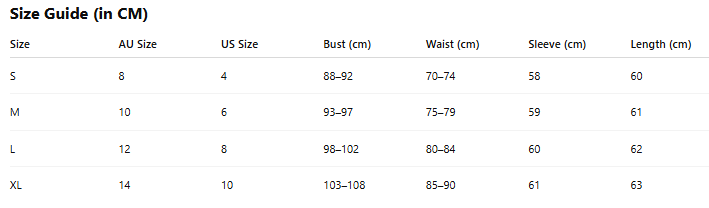 Size guide chart for clothing measurements in centimeters