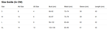 Size guide chart for clothing measurements in centimeters