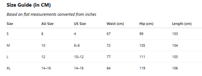 Size guide chart converting measurements from AU, US, waist, hip, and length in centimeters.