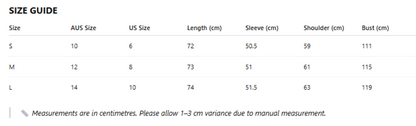Size guide chart for clothing with measurements in centimeters