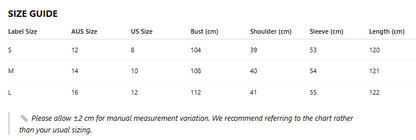 Size guide chart for clothing with label sizes, AUS, US, bust, shoulder, sleeve, and length measurements.