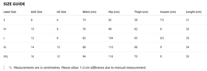 Size guide chart for clothing measurements in centimeters