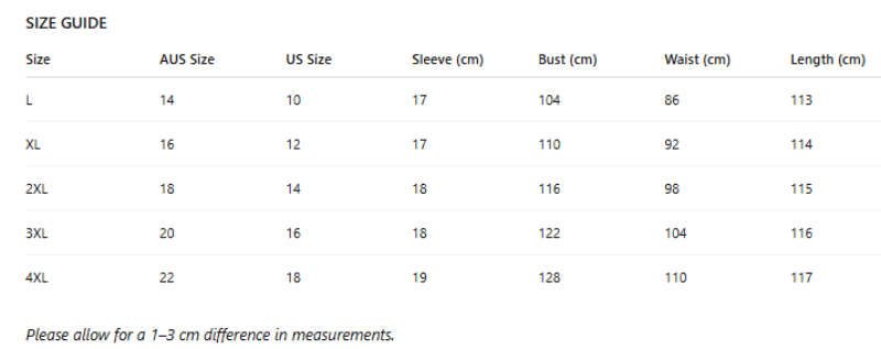 Size guide chart for clothing with measurements in centimeters